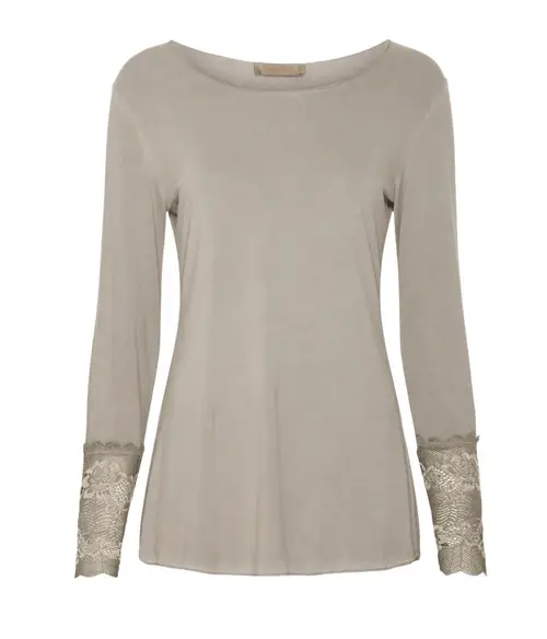 Bluse BASIS med blondedetaljer - Fango beige - Str. S/M