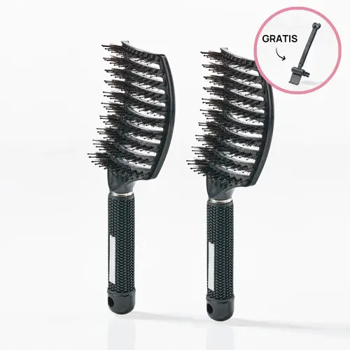 2 stk Curved Paddle Brush + Gratis Cleaning Brush - 2 stk Sort (Spar 12%) + Gratis Cleaning Brush