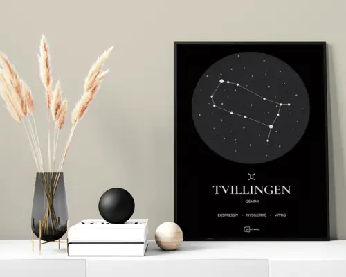 Tvillingen Stjernetegn Plakat Sort 60×84 cm (A1)