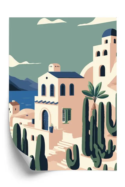 Plakat - Arkitektur og vegetation på øen santorini