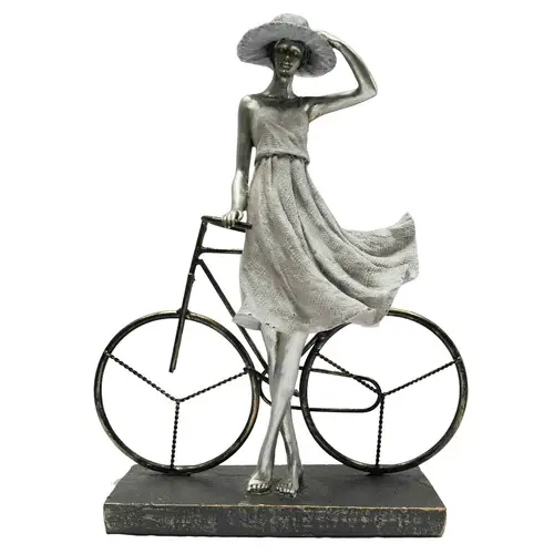 Dame Skulptur på Cykel i Sølvfarvet Metal 27.5 x 34.5 cm