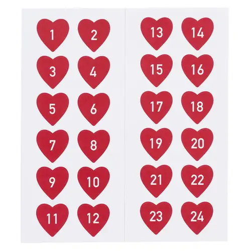 24 stickers/klistermærker 1-24 med røde hjerter