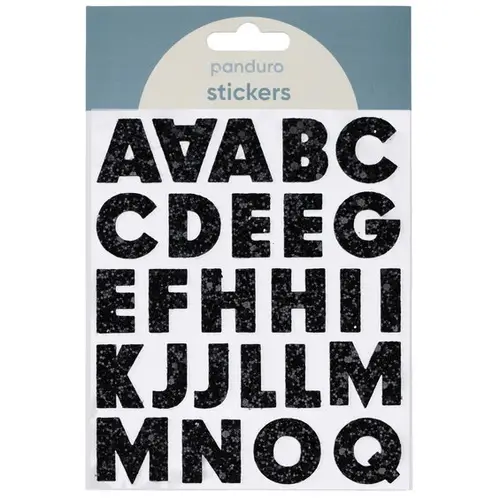 Bogstaver klistermærker A-Z glitter sort – i alt 50 alfabetstickers, 23 mm høje