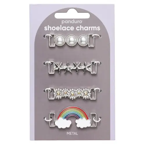 Shoelace charms – 4 cool, sølvfarvede skodekorationer med perler og regnbue