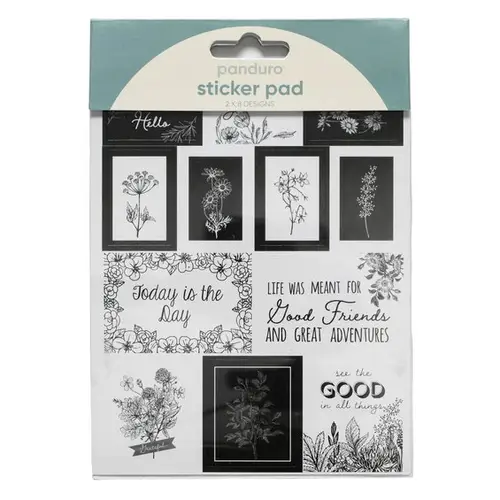 Stickersblok 16 ark Black & White – Harmonisk, sort, hvidt og stilrent (og lidt metallic). 2×8 design