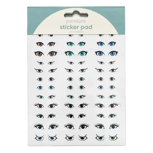 Stickersblok 16 ark Eyes – masser af smukke øjne, sjove øjne og øjenvipper. 4×4 design