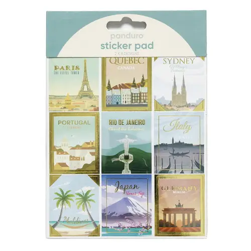 Stickersblok 16 ark Travel – masser af rejsemål og rejsebaserede motiver. 2×8 design