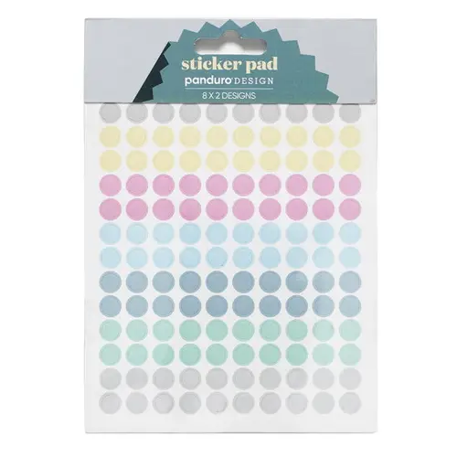 Stickersblok 16 ark Pastel Dots – masser af pastelprikker. 8×2 design