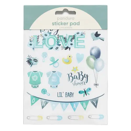 Stickersblok 16 ark Baby Blue – blåt babytema. 2×8 design