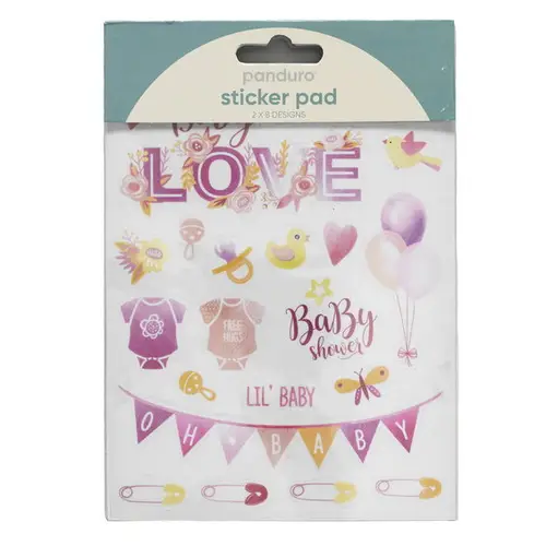 Stickersblok 16 ark Baby Pink – rosa babytema. 2×8 design