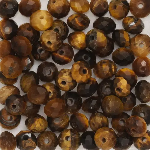 Cirka 80 facetslebne perler i brune og lysebrune nuancer – natursten/tigerøje – 4 mm i diameter, 2,5 mm tykke, 0,9 mm huldiameter