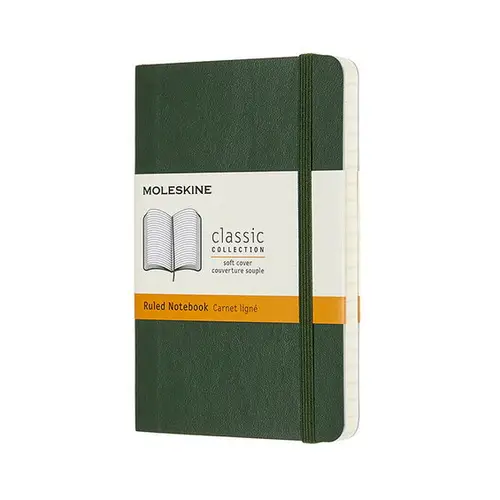 Moleskine Classic Notebook Pocket (9x14 cm), grønt, blødt omslag – 192 linjerede sider