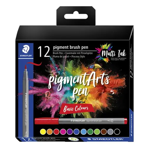 Staedtler Pigment Arts Pen Multi Ink Basic Colours, 12 penne i basisfarver