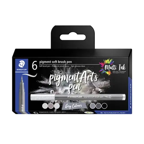 Staedtler Pigment Arts Pen Multi Ink Grey Colours, 5 penne i grå toner + 1 sort