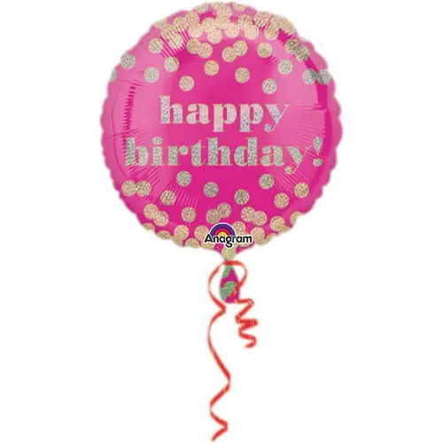 Folieballon Ø45 cm – rosa ballon med holografisk prikker – happy birthday